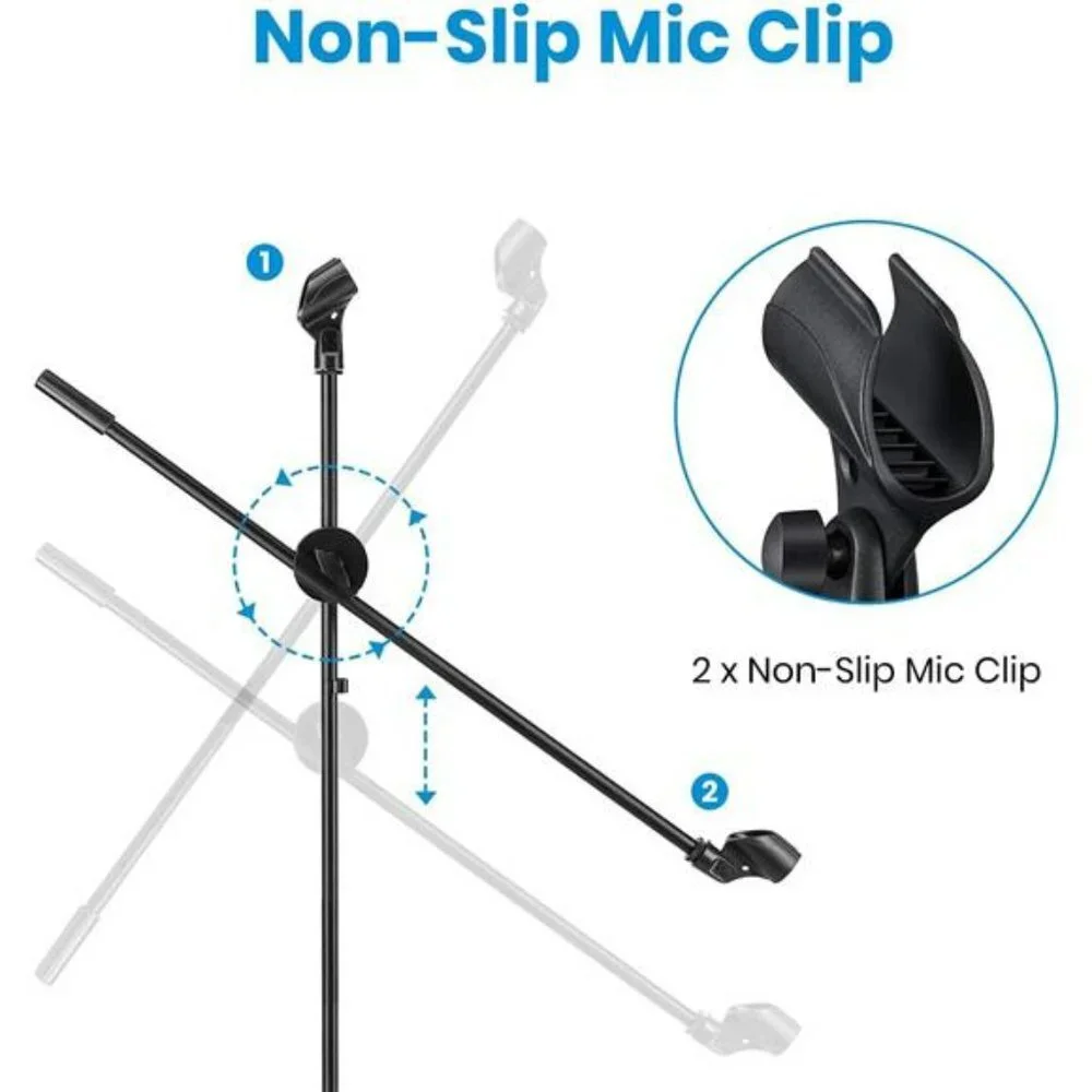 Microphone Stand with 2 Non-Slip Mic Clip Holders & 2 Foam Covers (Black)